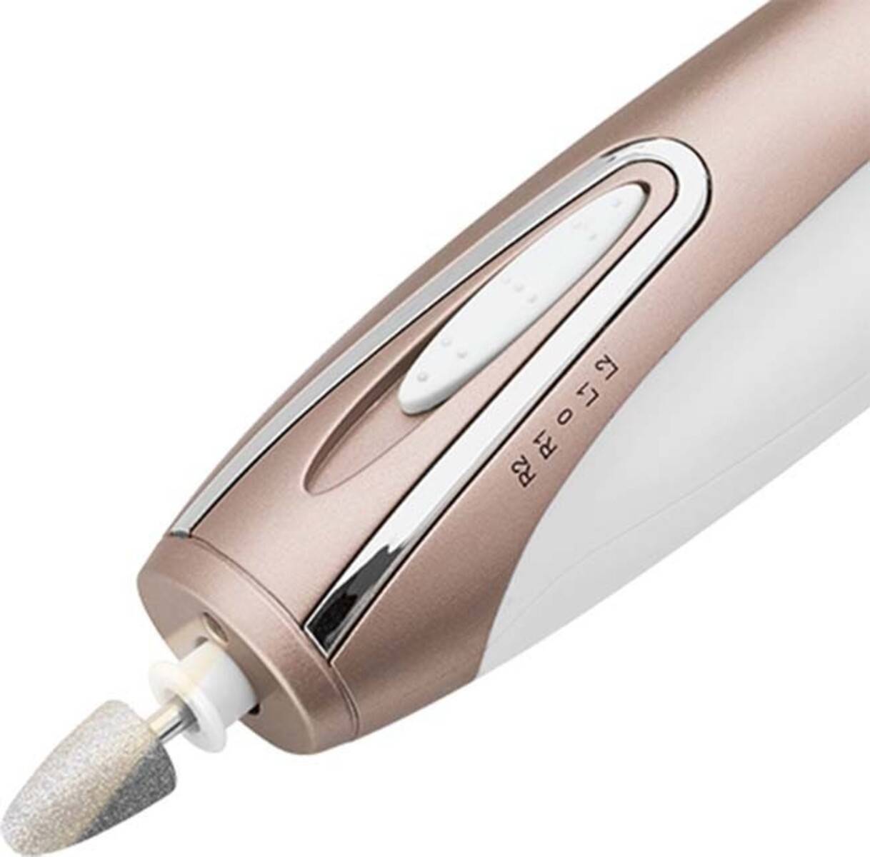 Rosegoldene kabellose elektrische Nagelfeile mit weißem Bedienungsknopf und angebrachtem rotierendem Schleifbit.