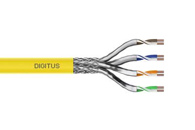 Schnittansicht eines gelben DIGITUS-Ethernetkabels mit vier exponierten verdrillten Drahtpaaren am abgestreiften Ende.