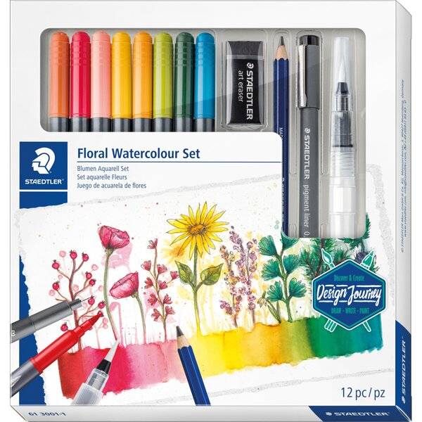Staedtler 'Floral Watercolor Set' Kunstkasten mit farbigen Markern, Stiften und Filzstiften, mit einer Aquarellblumen-Illustration und 12 Teilen.