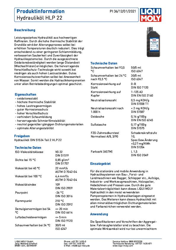 Hydrauliköl HLP 22 ISO VG 22 1l Kanister LIQUI MOLY