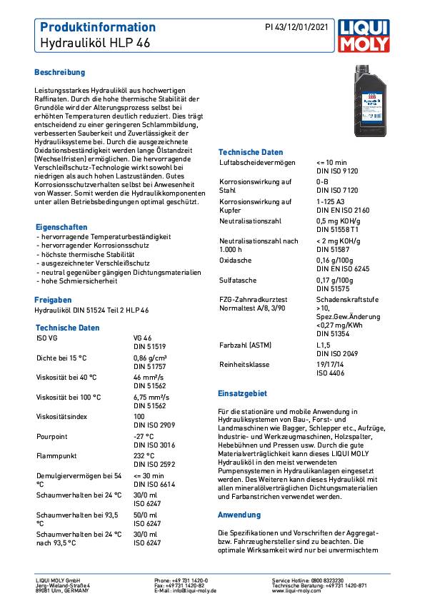 Hydrauliköl HLP 46 ISO VG 46 1l Kanister LIQUI MOLY