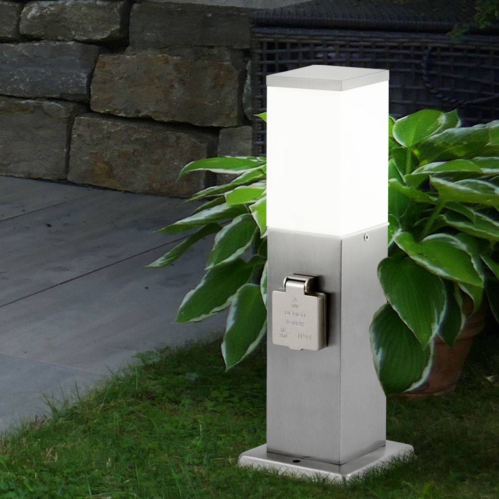 Standleuchte Außen mit Steckdose Aussenleuchte mit Steckdose Gartensteckdose mit Licht, 2x Steckdose Stahl, 1x E27, H 36 cm, Garten