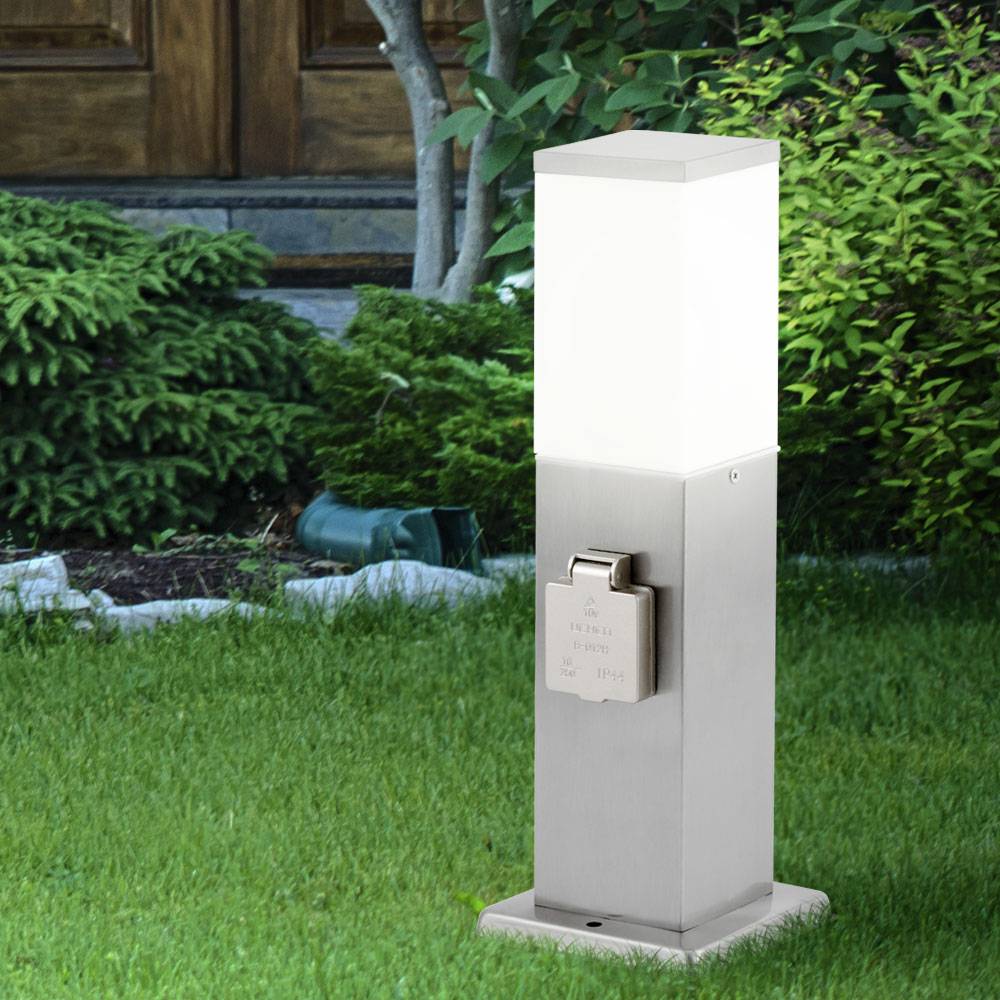 Standleuchte Außen mit Steckdose Aussenleuchte mit Steckdose Gartensteckdose mit Licht, 2x Steckdose Stahl, 1x E27, H 36 cm, Garten