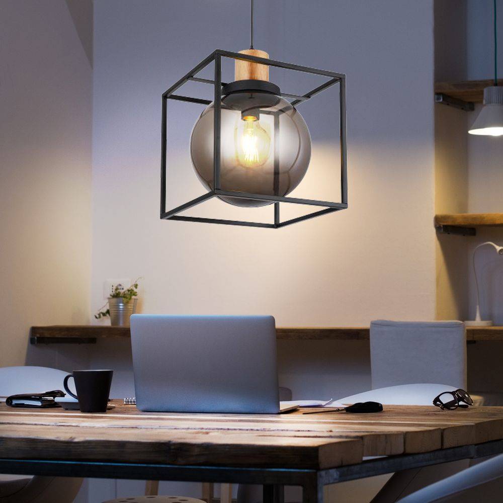 Hängelampe Kugel Pendelleuchte Wohnzimmer Pendelleuchten Esszimmer, Rauchkugel Metall, 1x E27, LxBxH 28 x 28 x 120 cm, Schlafzimmer