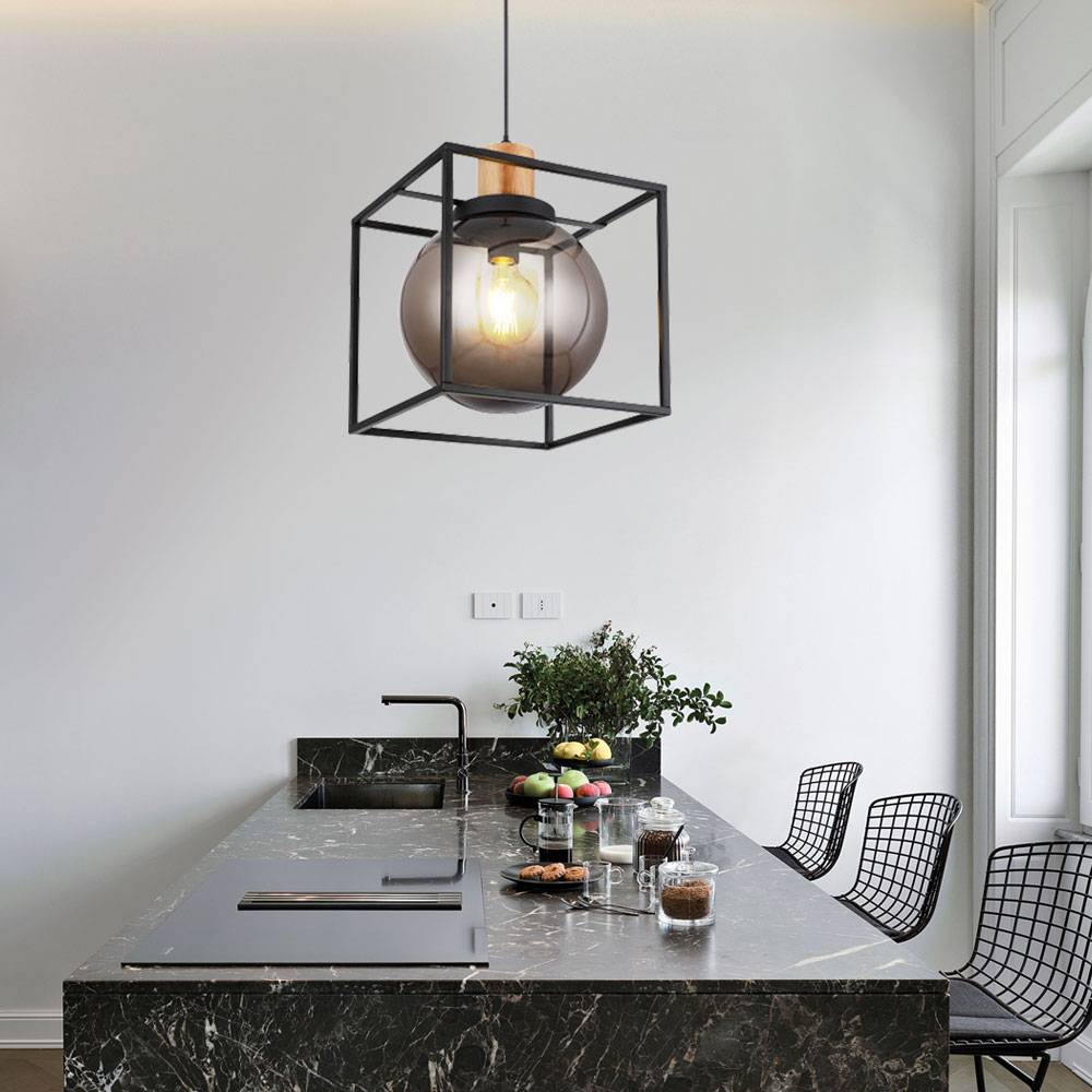 Hängelampe Kugel Pendelleuchte Wohnzimmer Pendelleuchten Esszimmer, Rauchkugel Metall, 1x E27, LxBxH 28 x 28 x 120 cm, Schlafzimmer