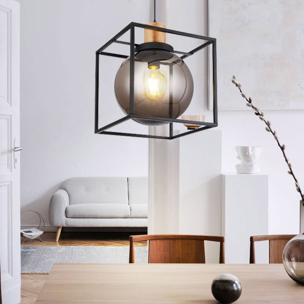Hängelampe Kugel Pendelleuchte Wohnzimmer Pendelleuchten Esszimmer, Rauchkugel Metall, 1x E27, LxBxH 28 x 28 x 120 cm, Schlafzimmer