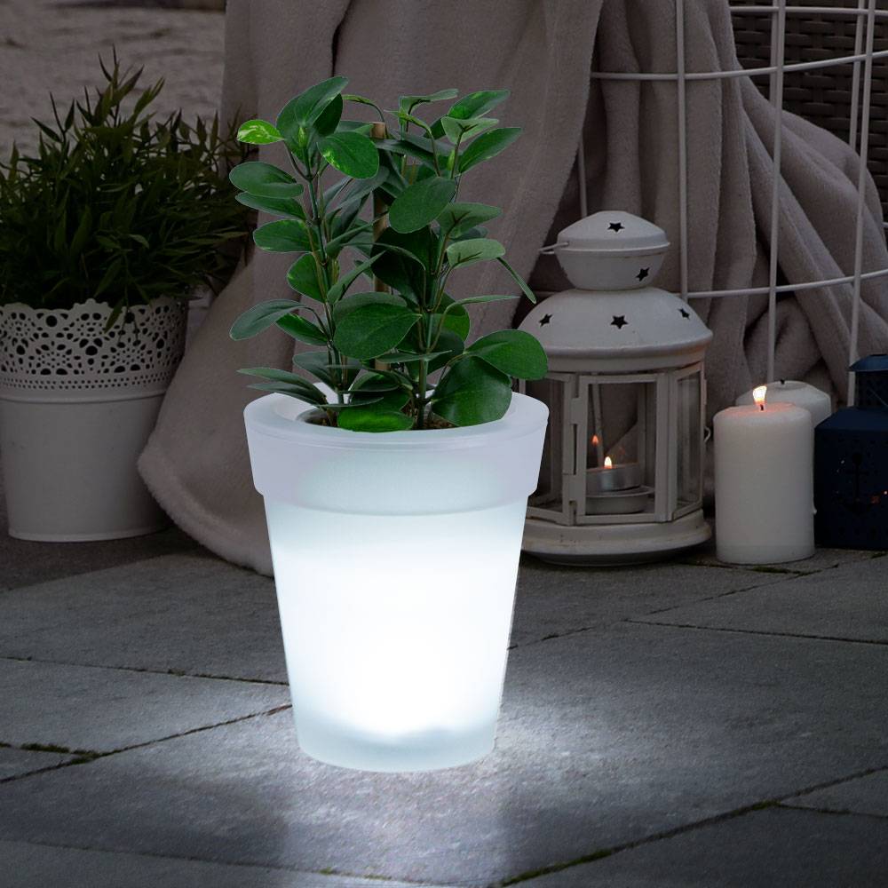 Solar LED Blumenkübel Blumentopf Blumentopf leuchtend Solar Blumentopf Beleuchtung, weiß satiniert, Akku LED neutralweiß, H 19 cm