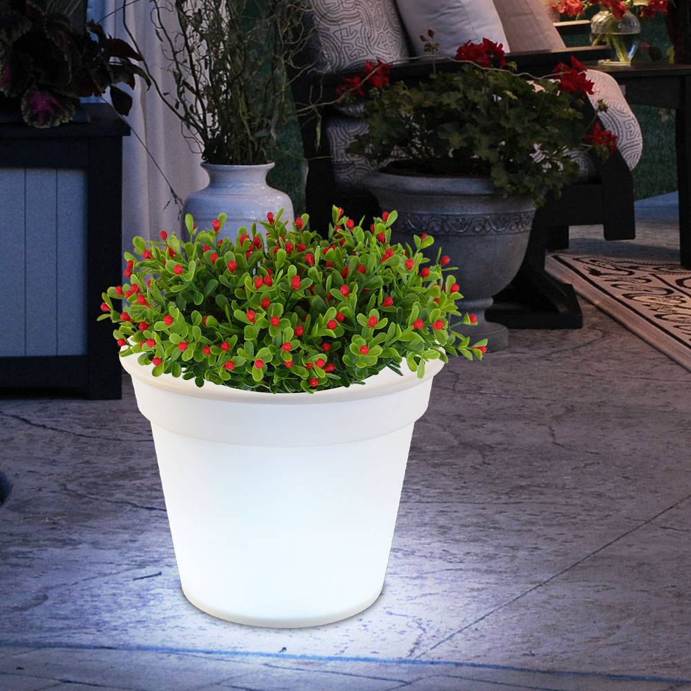 Solar LED Blumenkübel Blumentopf Blumentopf leuchtend Solar Blumentopf Beleuchtung, weiß satiniert, Akku LED neutralweiß, H 19 cm