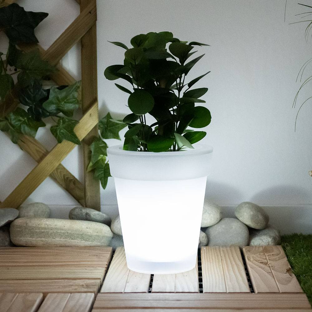 Solar LED Blumenkübel Blumentopf Blumentopf leuchtend Solar Blumentopf Beleuchtung, weiß satiniert, Akku LED neutralweiß, H 19 cm, 2er Set