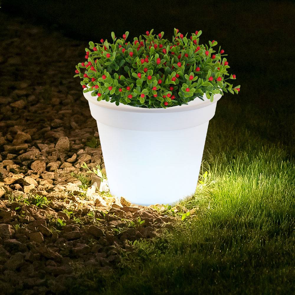 Solar LED Blumenkübel Blumentopf Blumentopf leuchtend Solar Blumentopf Beleuchtung, weiß satiniert, Akku LED neutralweiß, H 19 cm