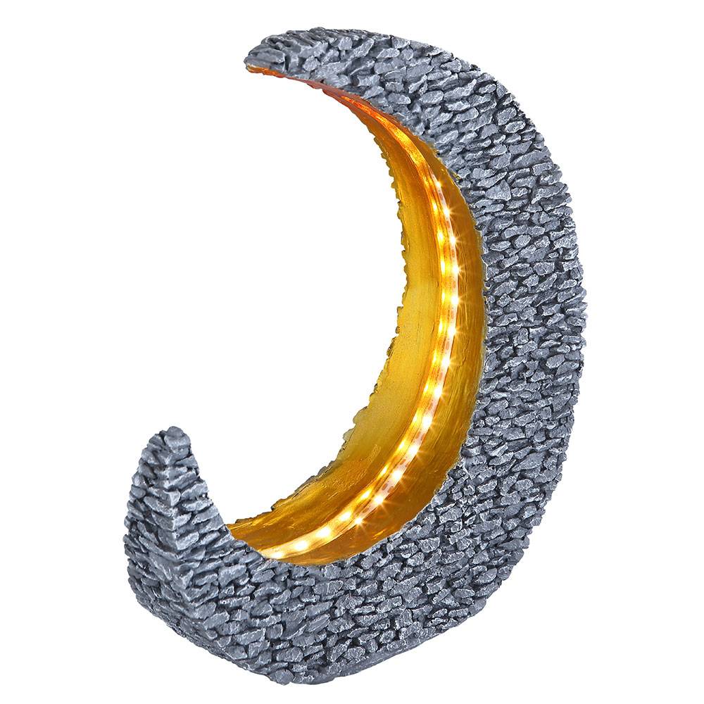 Gartendeko Solarlampen für Außen Tischdeko Gartentisch Garten Solarleuchte für Balkon, Mondsichel Stein Optik Grau Gold, LED warmweiß, LxH 28 x 31