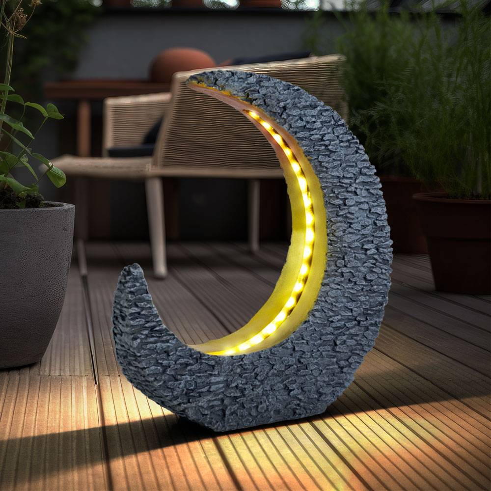 Gartendeko Solarlampen für Außen Tischdeko Gartentisch Garten Solarleuchte für Balkon, Mondsichel Stein Optik Grau Gold, LED warmweiß, LxH 28 x 31