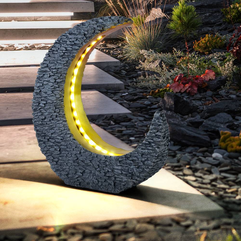 Gartendeko Solarlampen für Außen Tischdeko Gartentisch Garten Solarleuchte für Balkon, Mondsichel Stein Optik Grau Gold, LED warmweiß, LxH 28 x 31