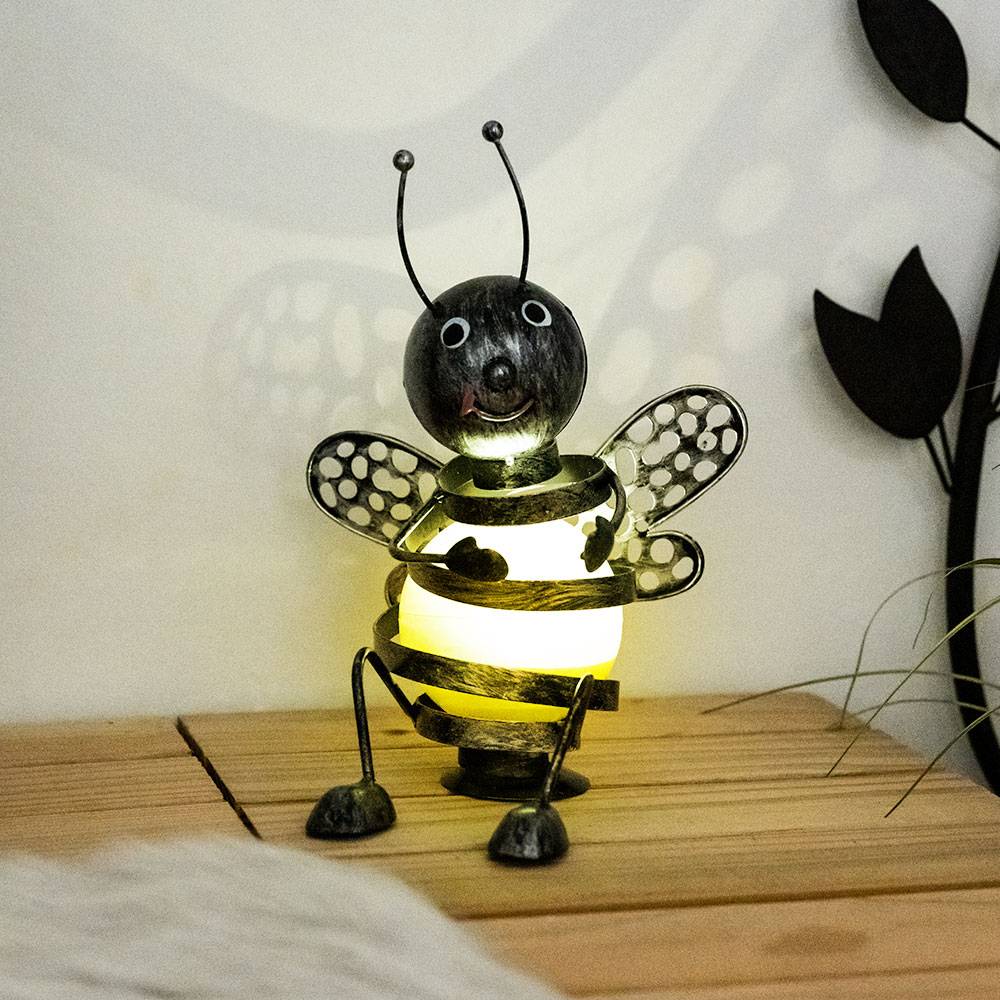 Solar Biene außen Biene Deko Gartenfiguren für Außen Metall, Akku schwarz gelb, 1x LED 0,06 Watt, H 25 cm, Garten