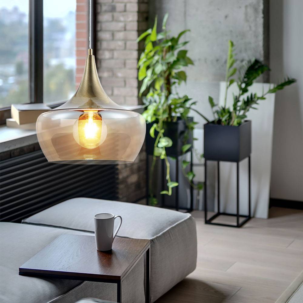 Decken Pendel Leuchte messing antik Wohn Ess Zimmer Beleuchtung RETRO Glas Hänge Lampe bernstein