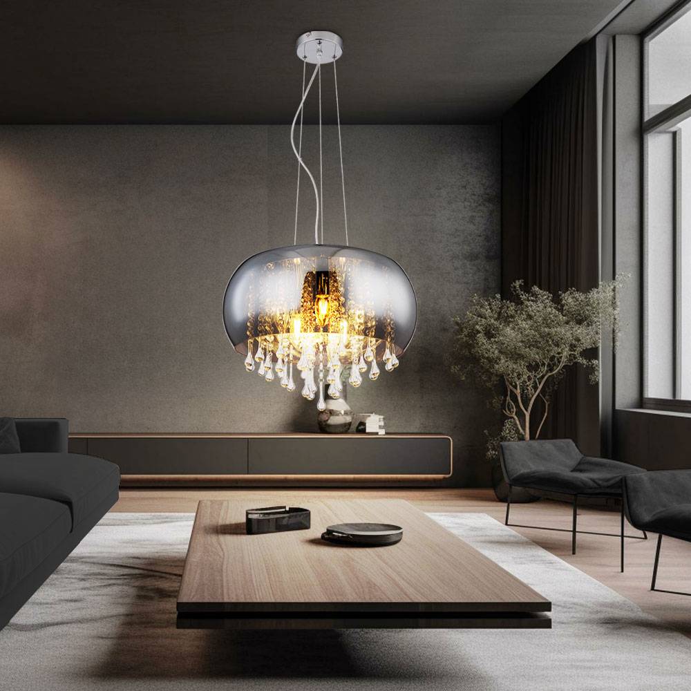 Hängelampe Hängeleuchte Pendellampe Kristallleuchte Esszimmerlampe, 5 Flammig, Glaskristalle klar Rauchglas Chrom, E14 Fassungen, DxH 44x120cm