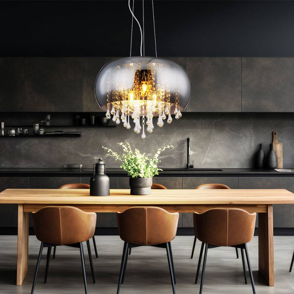 Hängelampe Hängeleuchte Pendellampe Kristallleuchte Esszimmerlampe, 5 Flammig, Glaskristalle klar Rauchglas Chrom, E14 Fassungen, DxH 44x120cm