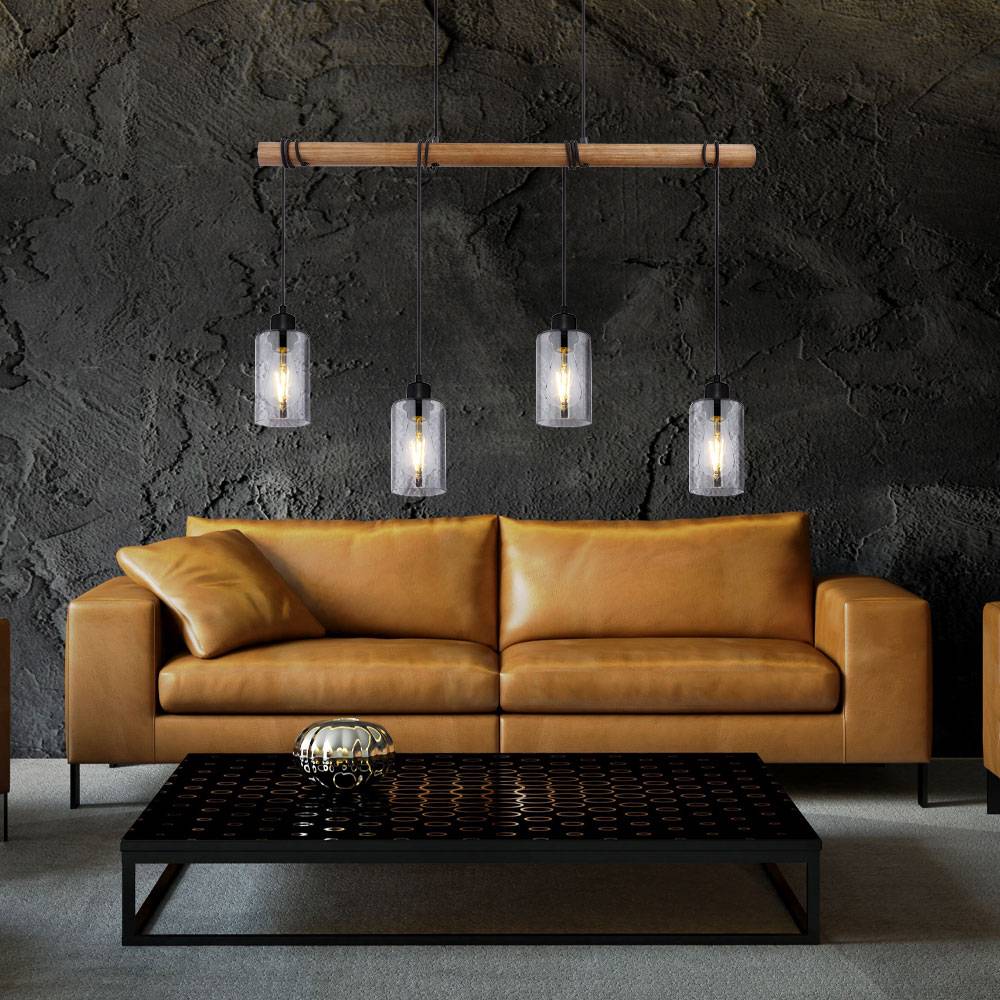 Pendelleuchte Holz Esszimmerlampe Hängeleuchte Holzpendellampe Hängelampe Esstisch, Glas rauch, 4x E27, LxH 98x130 cm, Wohnzimmer