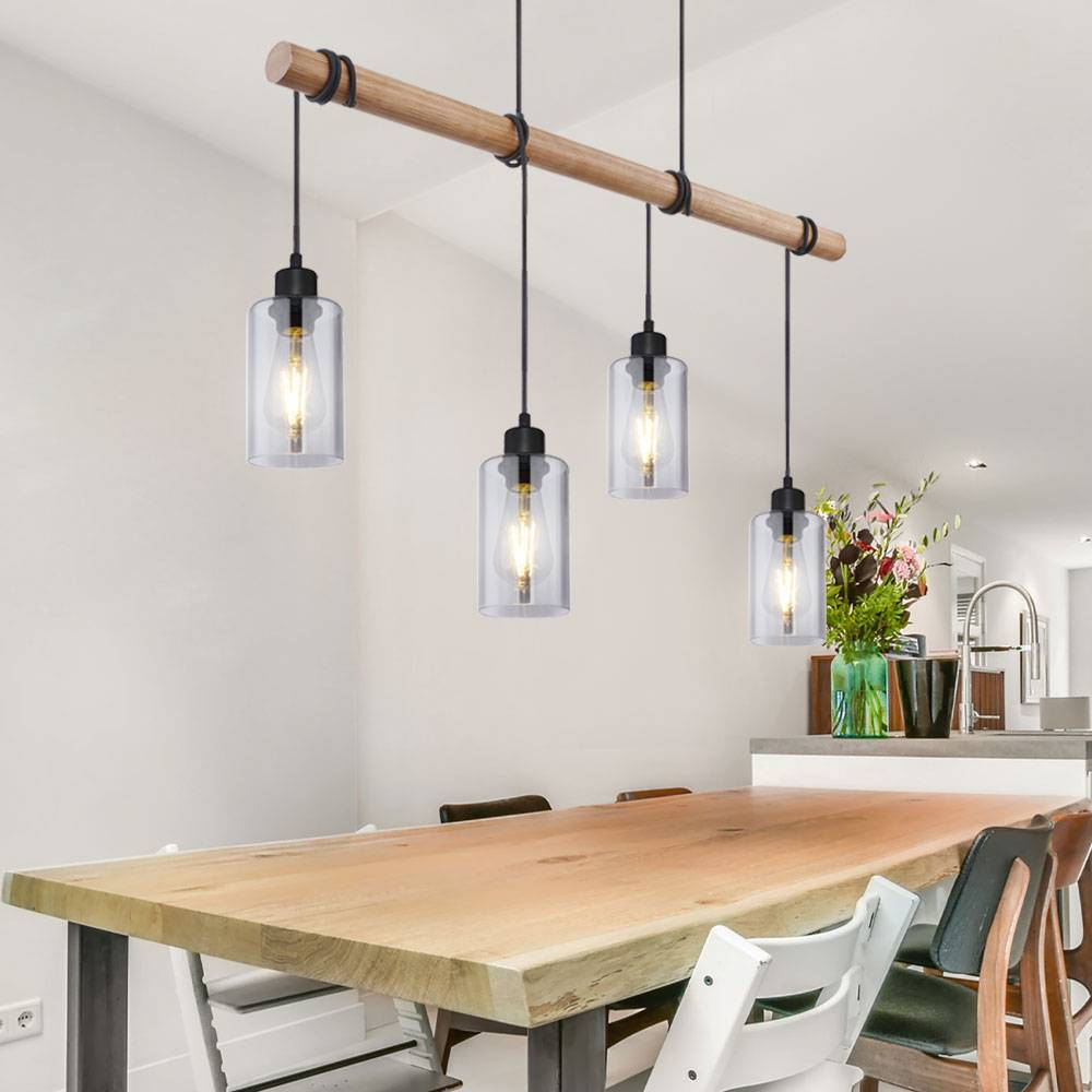 Pendelleuchte Holz Esszimmerlampe Hängeleuchte Holzpendellampe Hängelampe Esstisch, Glas rauch, 4x E27, LxH 98x130 cm, Wohnzimmer