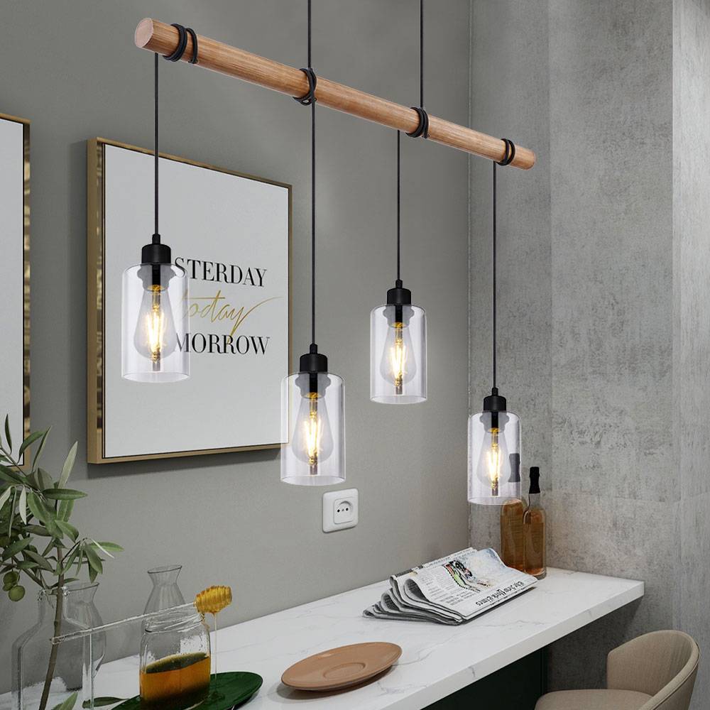 Pendelleuchte Holz Esszimmerlampe Hängeleuchte Holzpendellampe Hängelampe Esstisch, Glas rauch, 4x E27, LxH 98x130 cm, Wohnzimmer