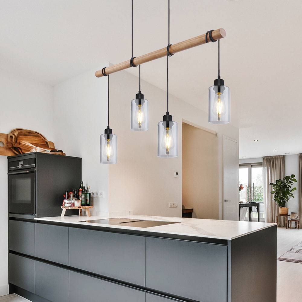 Pendelleuchte Holz Esszimmerlampe Hängeleuchte Holzpendellampe Hängelampe Esstisch, Glas rauch, 4x E27, LxH 98x130 cm, Wohnzimmer