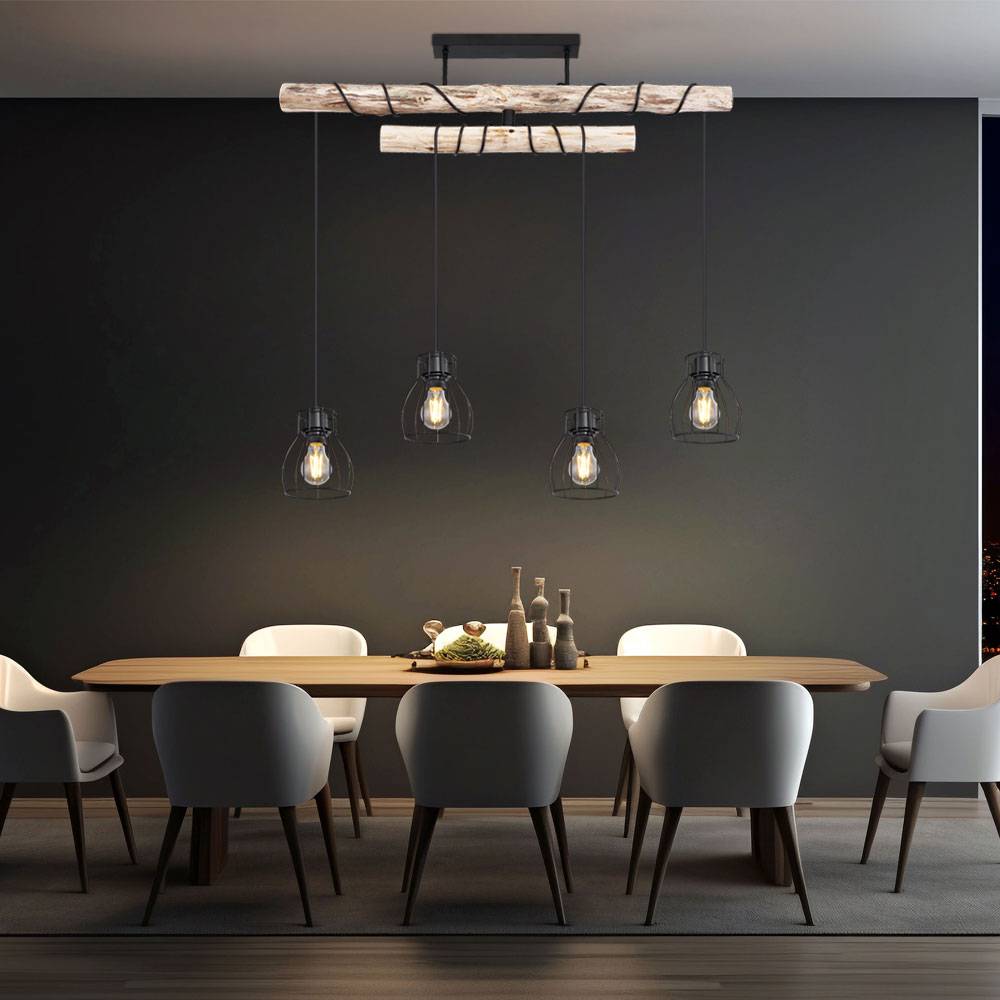 Hängeleuchte Holzbalken Holzleuchte 4 Flammig Esszimmerlampe Pendelleuchte Höhenverstellbar, Metall schwarz, 4x E27 Fassungen, LxBxH 90x14x100 cm