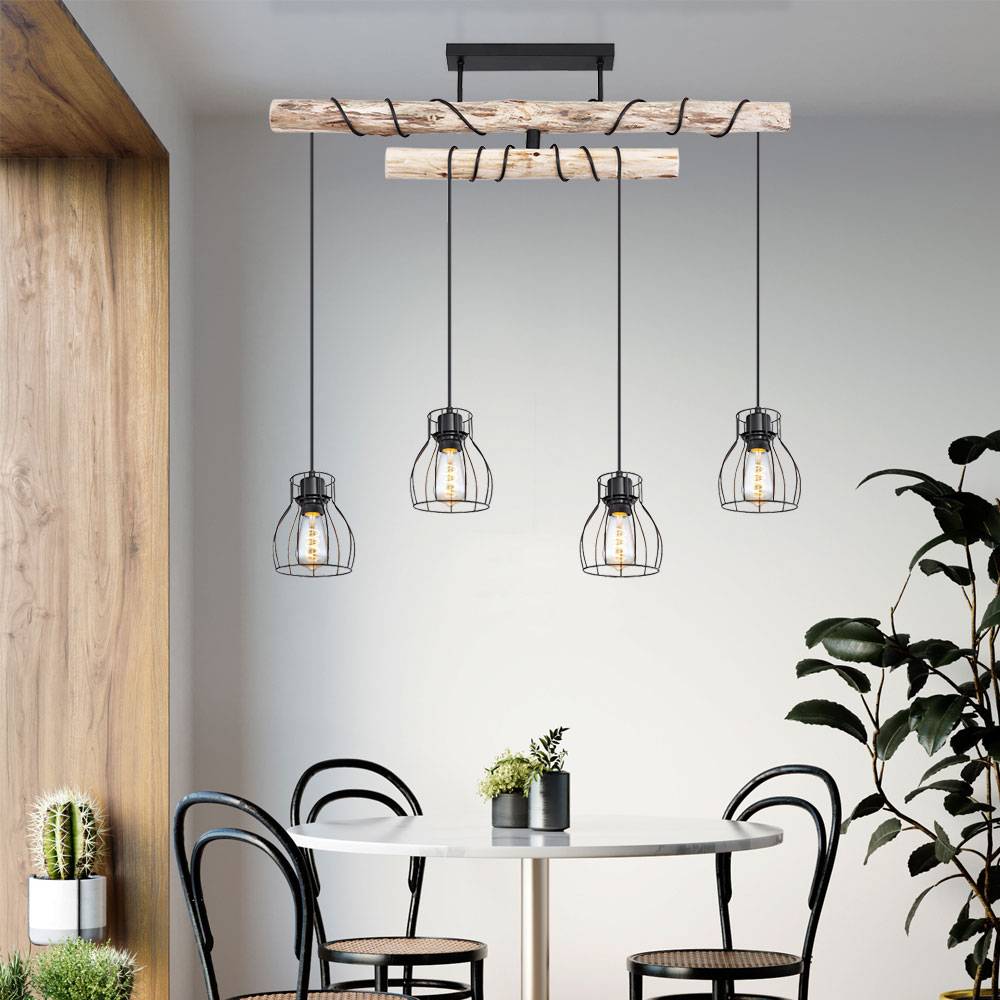 Hängeleuchte Holzbalken Holzleuchte 4 Flammig Esszimmerlampe Pendelleuchte Höhenverstellbar, Metall schwarz, 4x E27 Fassungen, LxBxH 90x14x100 cm