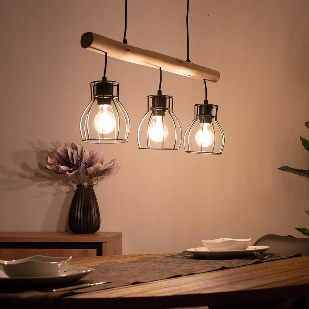 Pendelleuchte Hängeleuchte Esszimmerleuchte Deckenleuchte Wohnzimmerlampe, Holz Balken, Rustikal Vintage Retro, 3-Flammig, L 60 cm