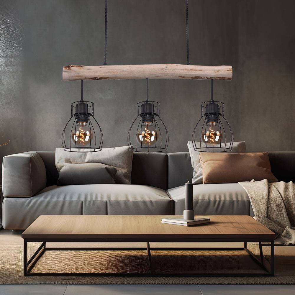 Pendelleuchte Hängeleuchte Esszimmerleuchte Deckenleuchte Wohnzimmerlampe, Holz Balken, Rustikal Vintage Retro, 3-Flammig, L 60 cm