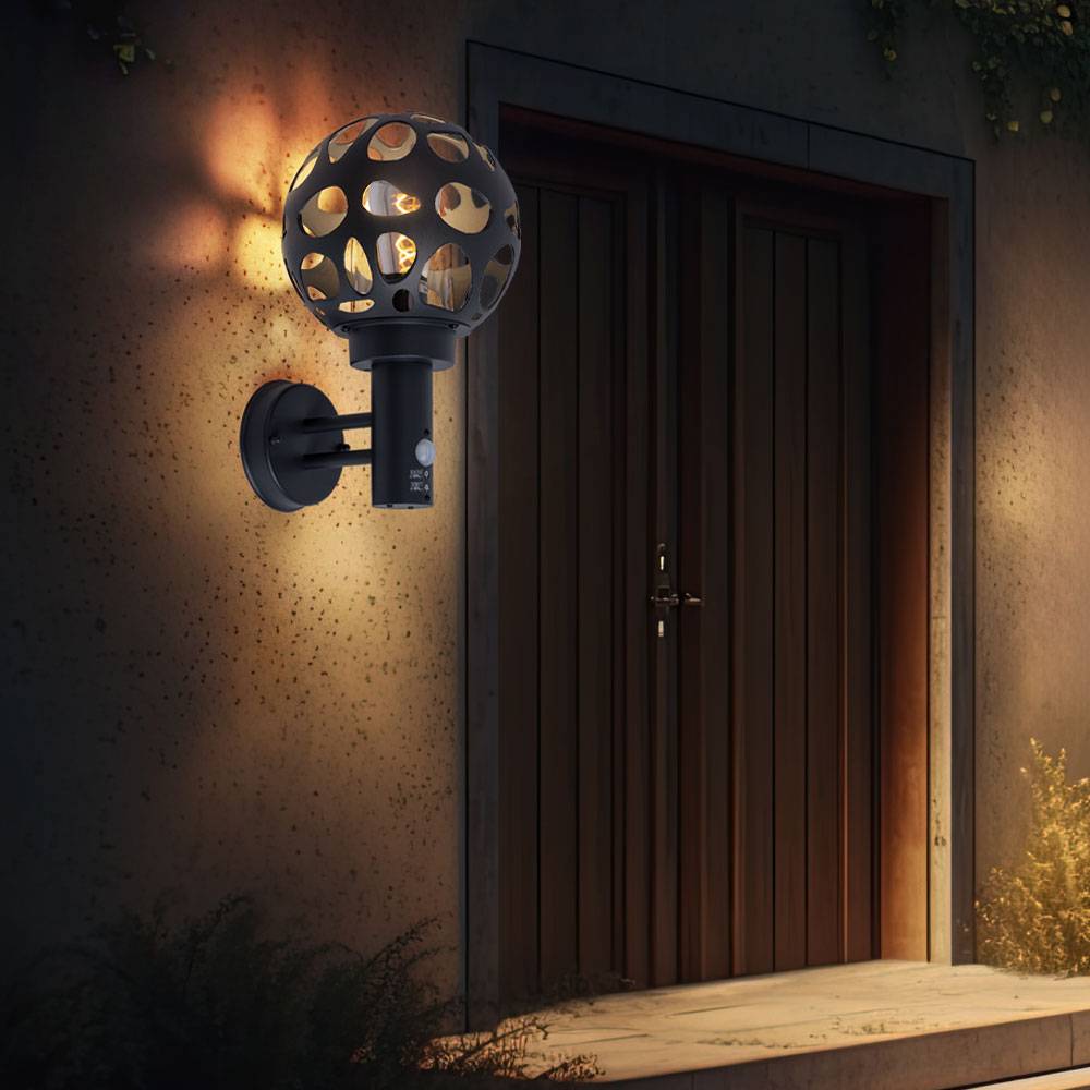 Aussenlampe mit Bewegungsmelder anthrazit Wandlampe mit Bewegungsmelder Außen Aussen Wandleuchte Kugel, im Loch-Design, Edelstahl ALU, H 32,7 cm