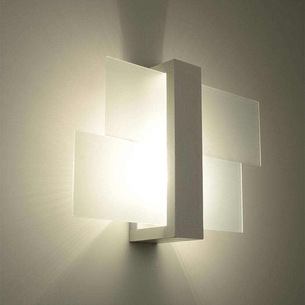 Wandlampe Holz Wandleuchte Glas satiniert Wandleuchte Innen Holz weiß Wandlampe Flur, 1x E27, BxH 30x30 cm