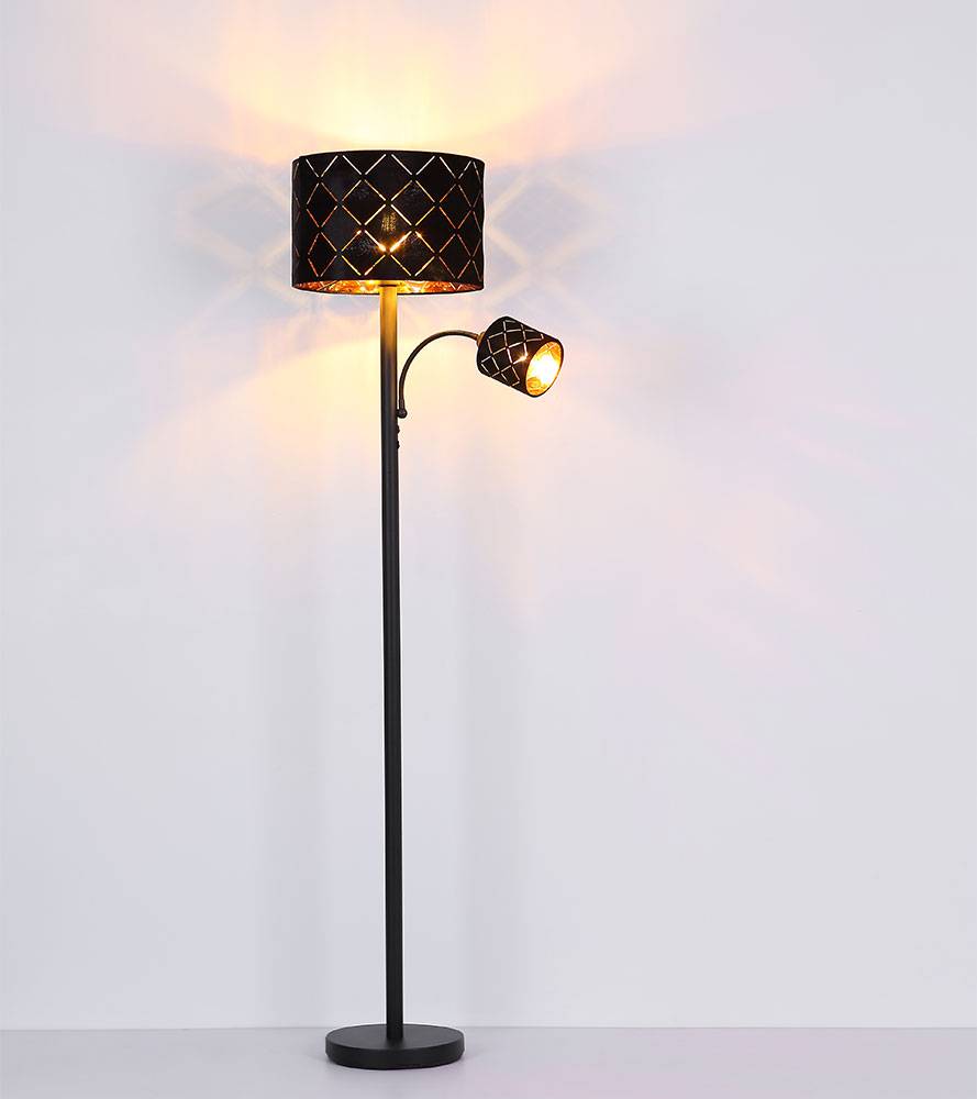Stehleuchte mit Leselampe Stehlampe Wohnzimmer Stehleuchte Leseleuchte Deckenfluter Schwarz Gold, Leselampe flexibel Dekorstanzungen, 1x E27 1x E14