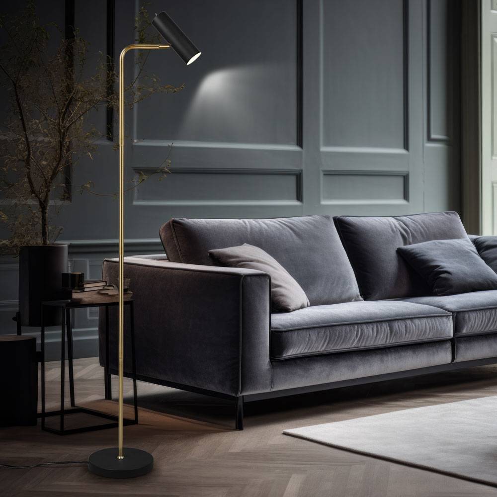 Stehlampe Stehleuchte Wohnzimmer Leselampe Deckenfluter Beistelllampe Spot beweglich, Metall schwarz messing, 1x GU10, H 151 cm