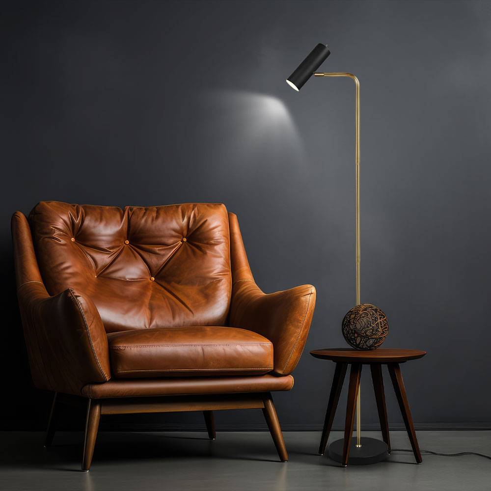 Stehlampe Stehleuchte Wohnzimmer Leselampe Deckenfluter Beistelllampe Spot beweglich, Metall schwarz messing, 1x GU10, H 151 cm