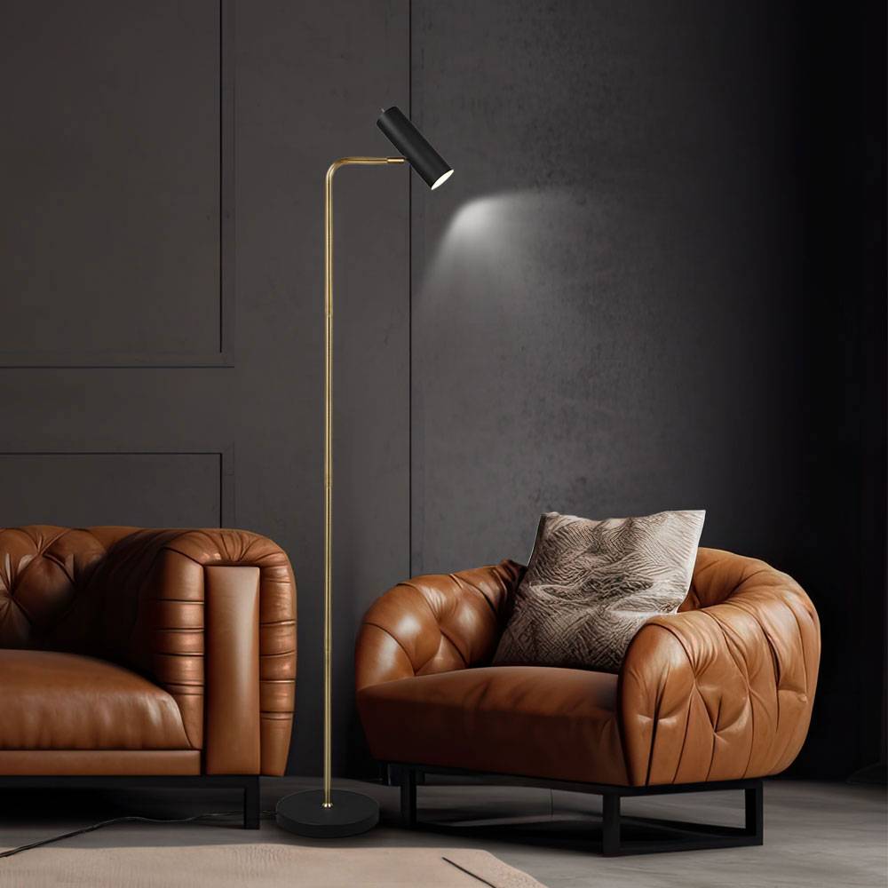 Stehlampe Stehleuchte Wohnzimmer Leselampe Deckenfluter Beistelllampe Spot beweglich, Metall schwarz messing, 1x GU10, H 151 cm