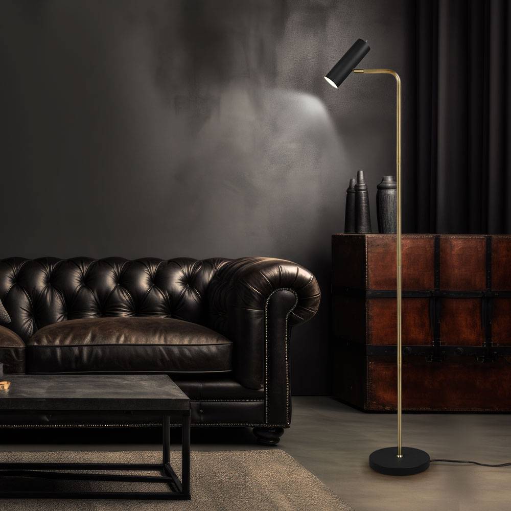 Stehlampe Stehleuchte Wohnzimmer Leselampe Deckenfluter Beistelllampe Spot beweglich, Metall schwarz messing, 1x GU10, H 151 cm