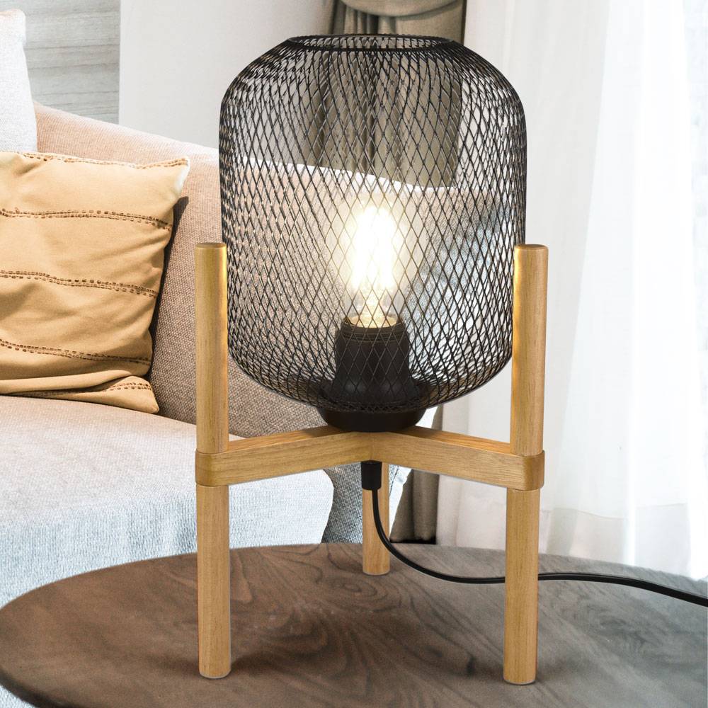 Schreib Tisch Lampe Wohn Zimmer Beistell Leuchte Käfig Holz Kugel Beleuchtung braun schwarz