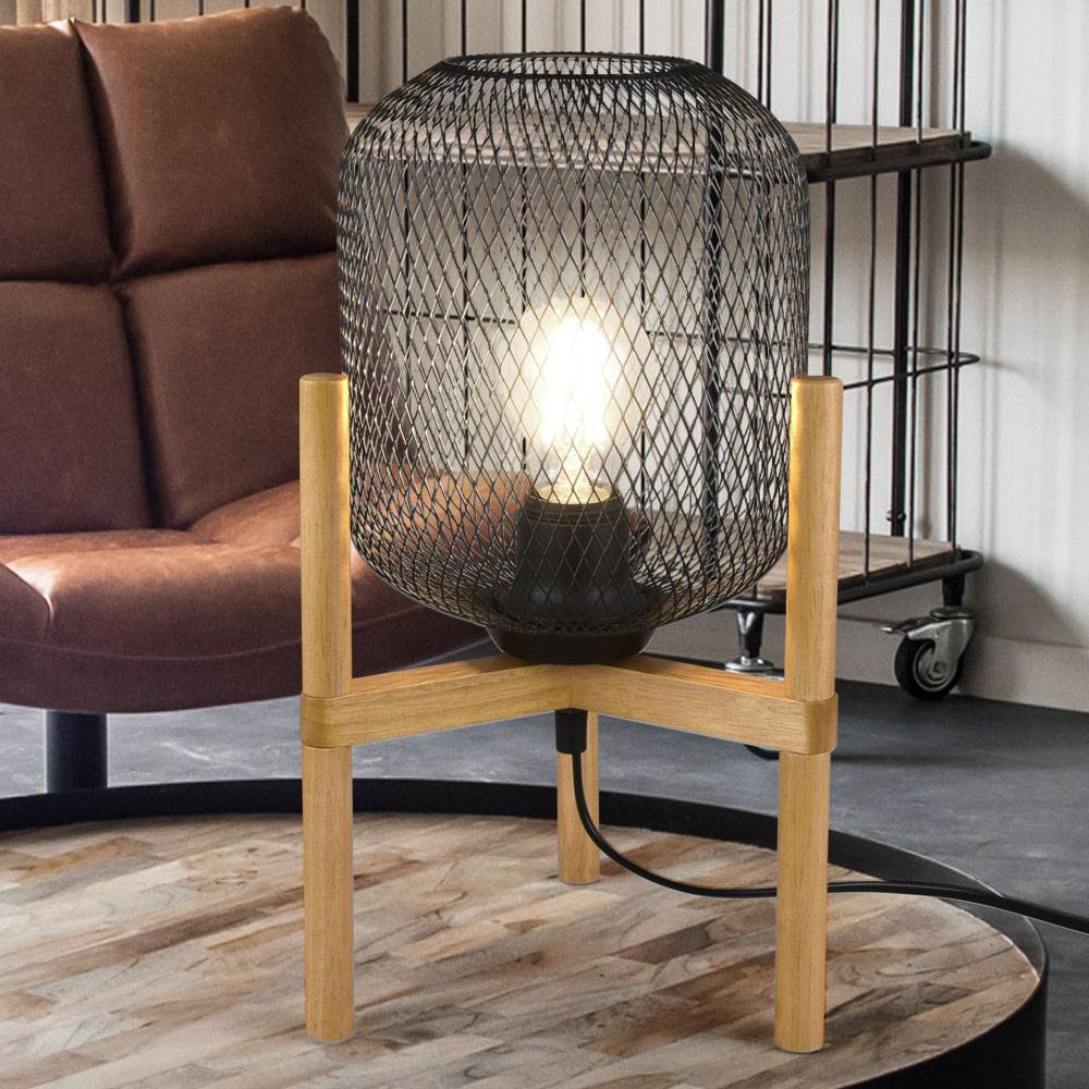 Schreib Tisch Lampe Wohn Zimmer Beistell Leuchte Käfig Holz Kugel Beleuchtung braun schwarz