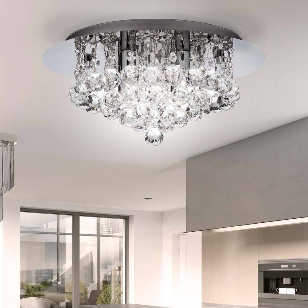 Deckenleuchte Kristall Wohnzimmer Deckenlampe modern silber, Chrom rund, 4 Flammig 4x G9, DxH 35x17,5 cm