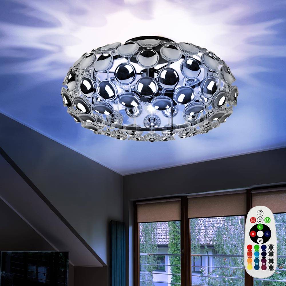 Deckenleuchte Wohnzimmer Chrom Kugellampe Innen, Acryldekor, RGB LED Fernbedienung Farbwechsel dimmbar 3x 3,5 Watt 3x 320 Lumen warmweiß, DxH 48