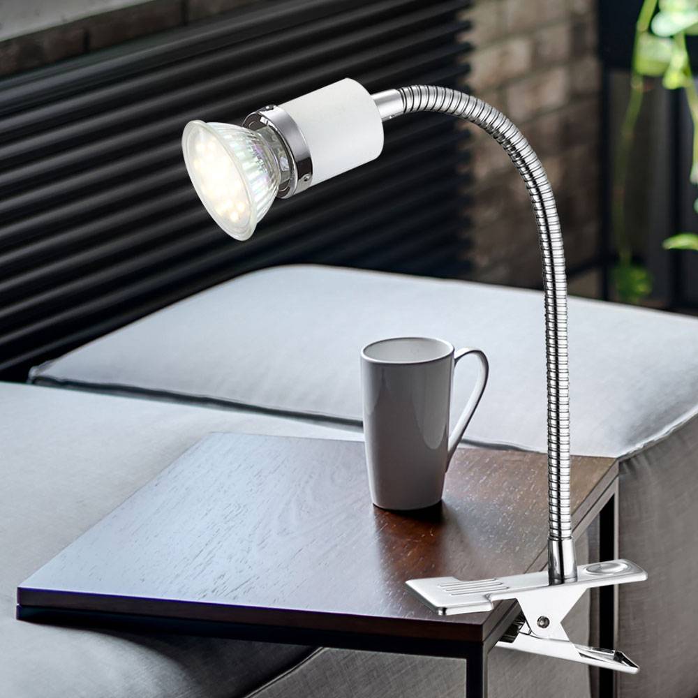 LED Klemmlampe LED Schwanenhals Tischlampe Klemmleuchte weiß mit Netzstecker Klemmleuchte Schreibtisch, Flexo-Spot, Chrom, 1x GU10 3W 250lm warmweiß