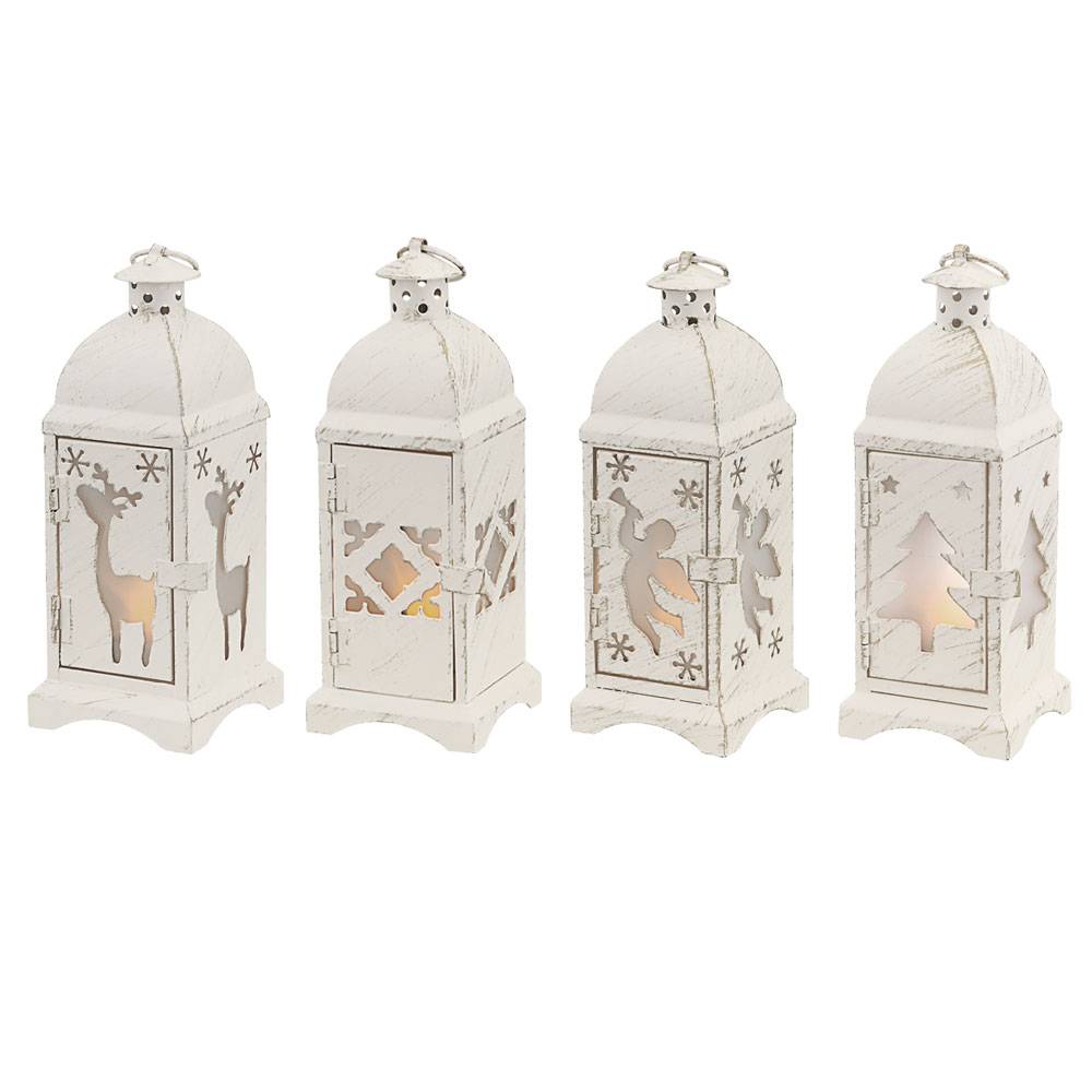 Kleine Laterne Batterie Laterne Weihnachten Weihnachtslampe Innen Weihnachtslaterne in weiß Shabby Chic, 1x Stern 1x Tanne 1x Rentier 1x Engel, 1x