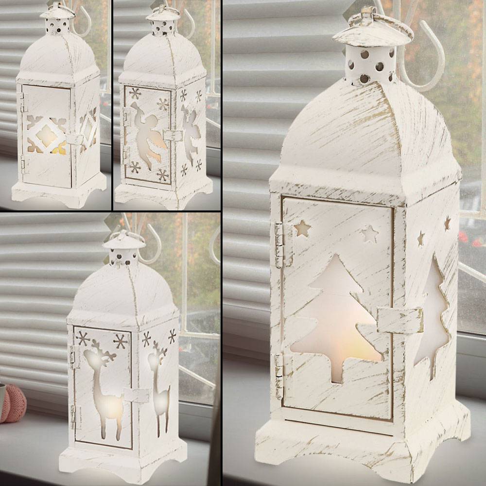 Kleine Laterne Batterie Laterne Weihnachten Weihnachtslampe Innen Weihnachtslaterne in weiß Shabby Chic, 1x Stern 1x Tanne 1x Rentier 1x Engel, 1x