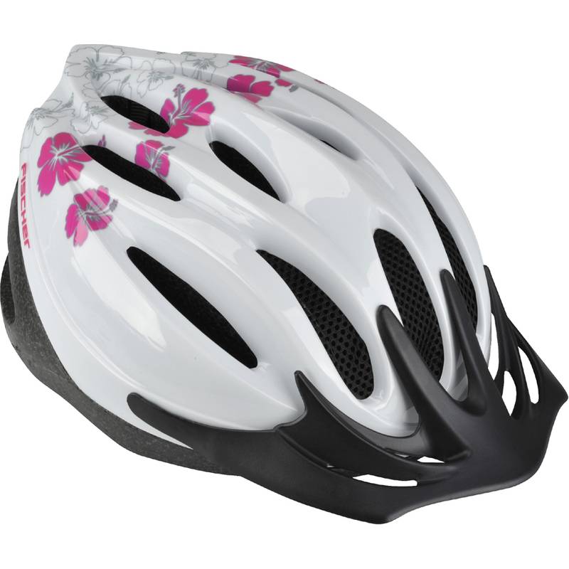 Ein weißer Fahrradhelm mit floralen rosa und grauen Mustern und schwarzen Belüftungsschlitzen wird vor einem schlichten weißen Hintergrund gezeigt.