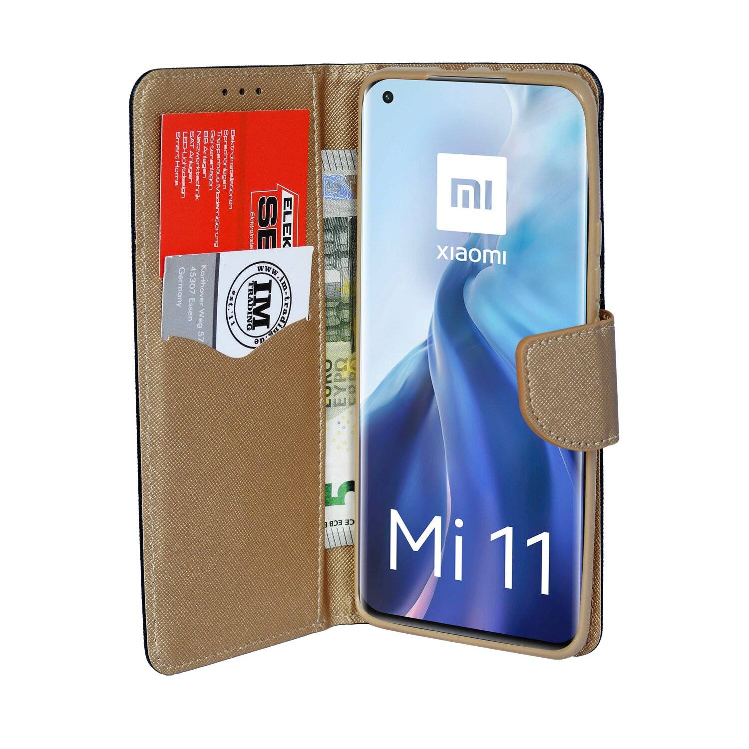 Buch Tasche "Fancy" für XIAOMI Mi 11 Handy Hülle Etui Brieftasche Schutzhülle mit Standfunktion, Kartenfach Schwarz-Gold