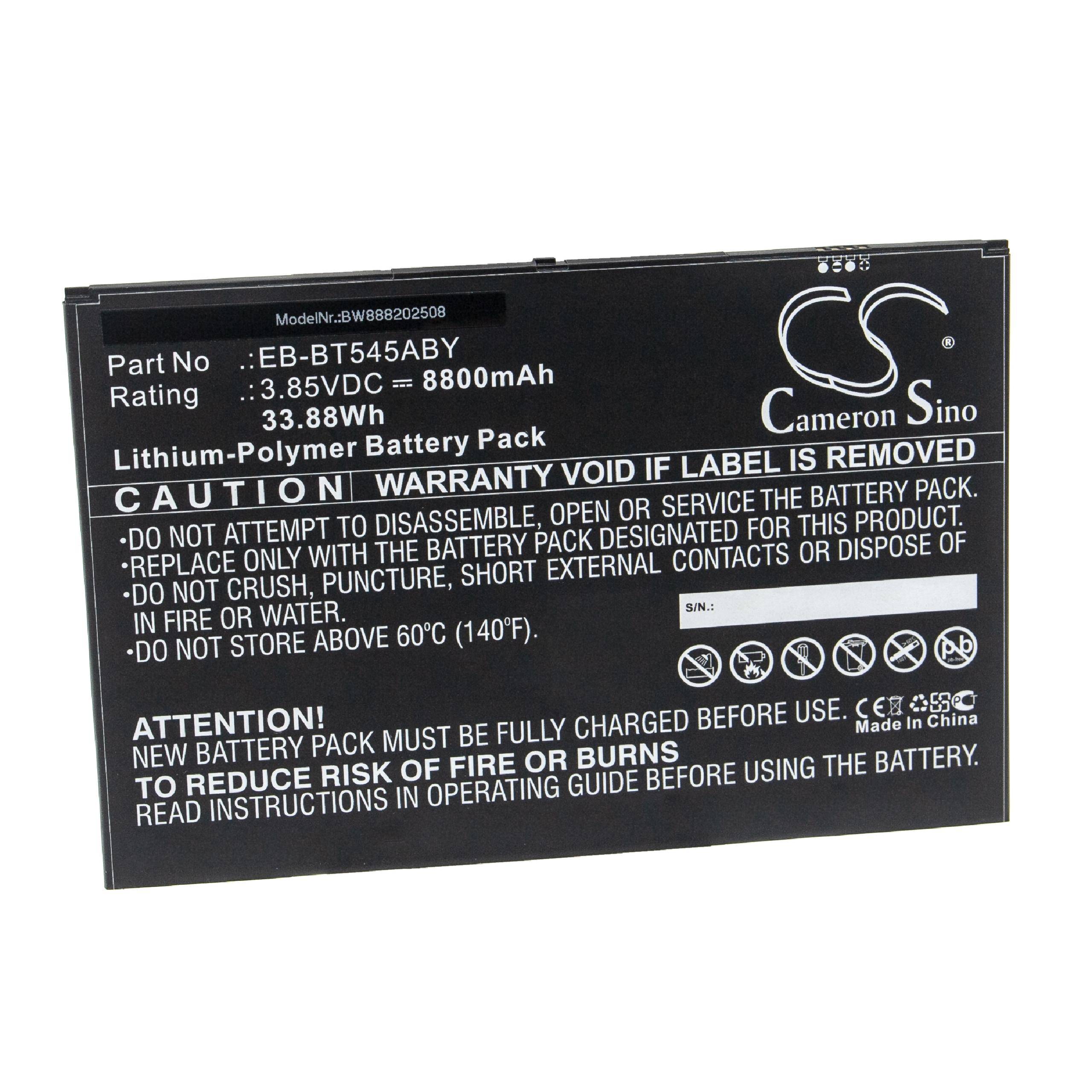 Lithium-Polymer Akkupack; Modell: EB-BT545ABY; Bewertung: 3,85 VDC, 8800 mAh, 33,88 Wh. Vorsicht: Garantie erlischt bei Entfernung des Etiketts.