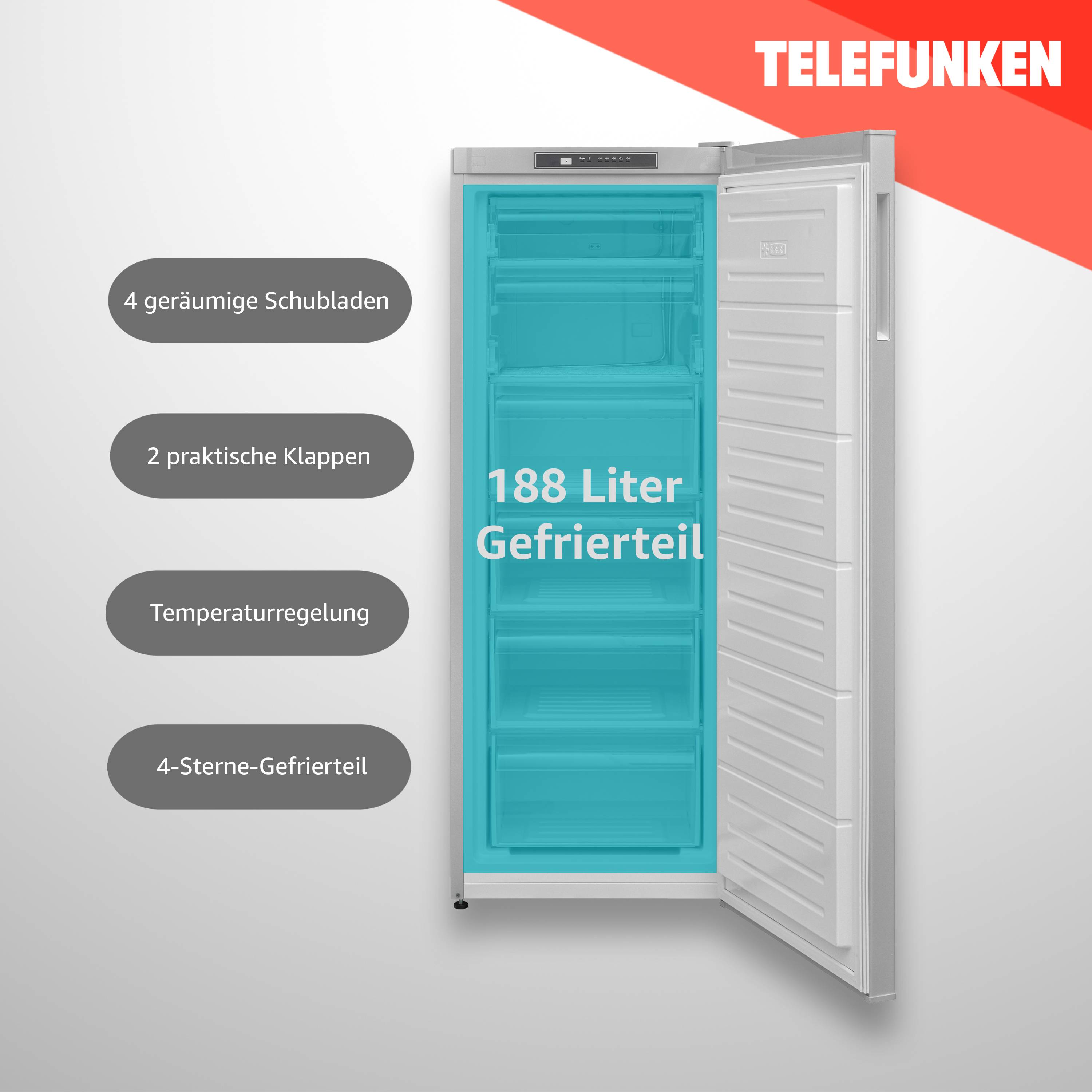 Telefunken KTFG15421FS2 Gefrierschrank (4-Sterne) / Tiefkühlschrank / Höhe 145,5 cm / 188 L Gesamt-Nutzinhalt / Silber