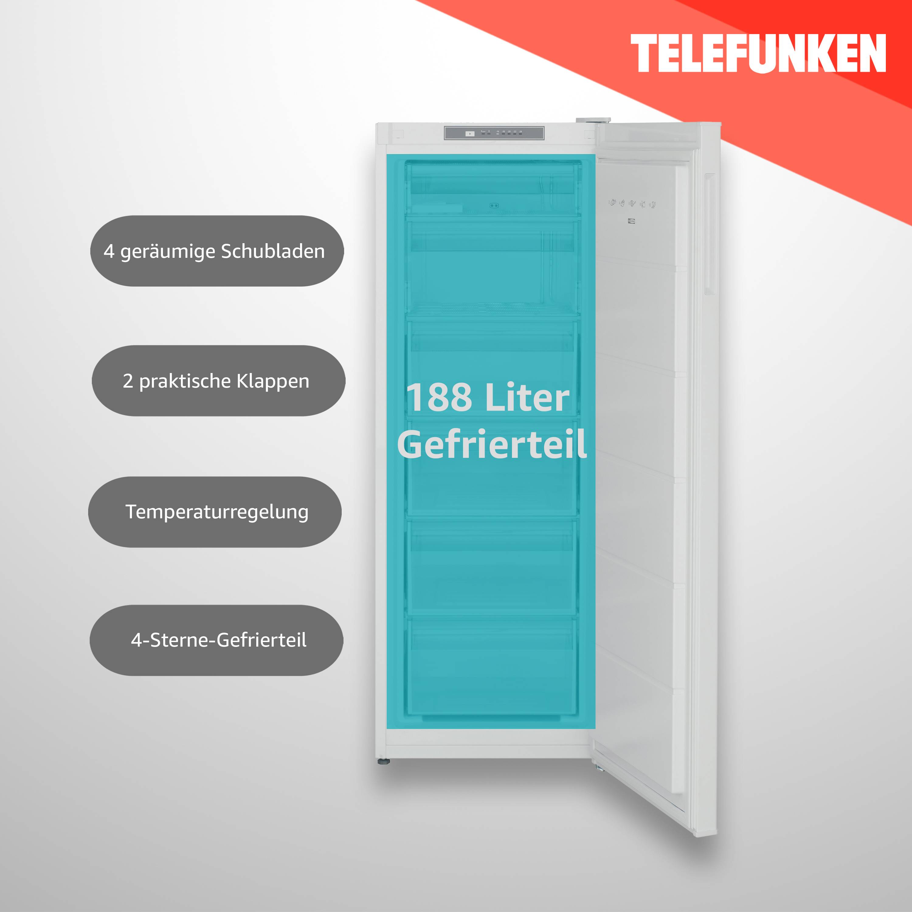Telefunken KTFG15421F2 Gefrierschrank (4-Sterne) / Höhe 145,5 cm / 197 kWh/Jahr / 188 L Gefrierteil