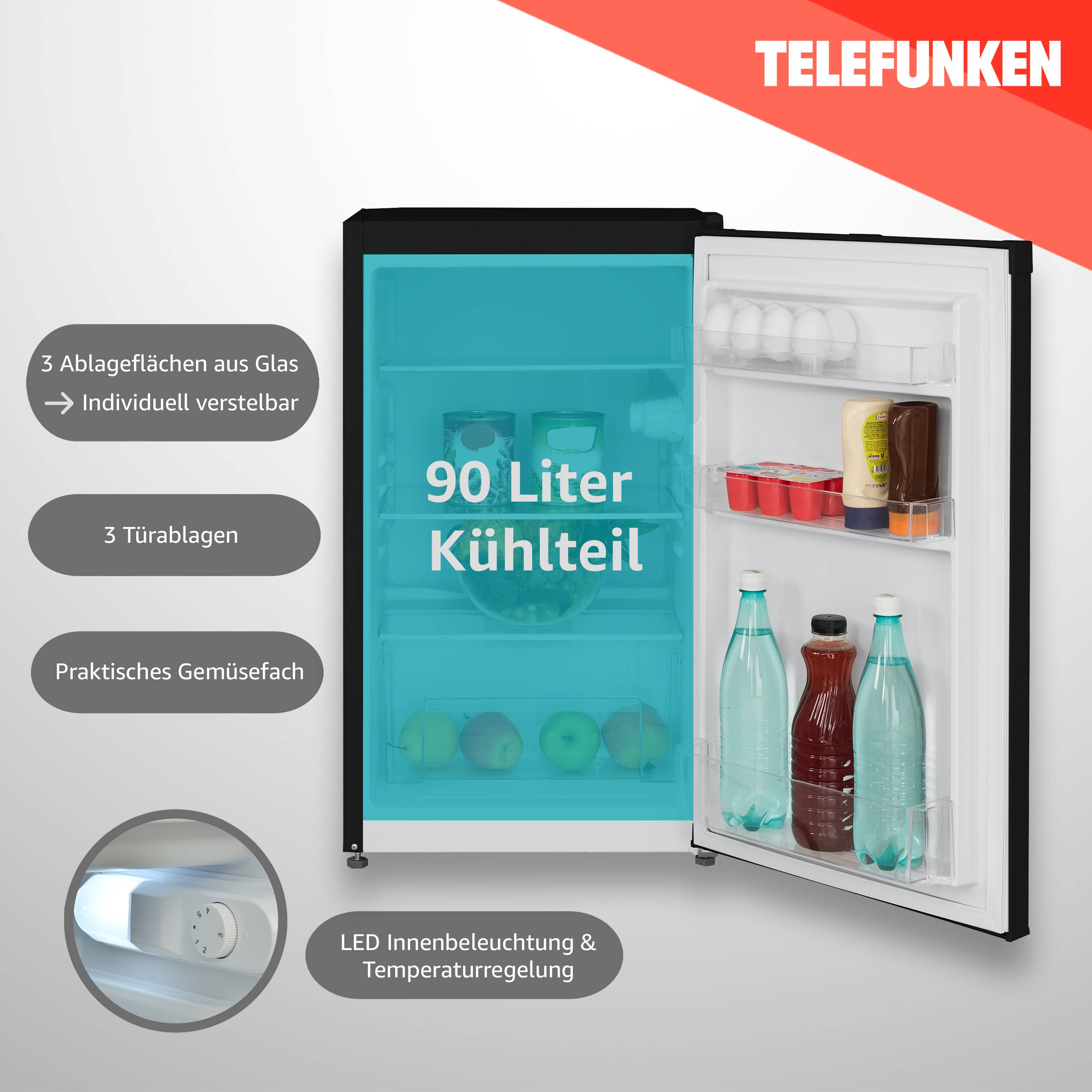 Ein offener Minikühlschrank mit Getränken im Inneren. Text lautet '90 Liter Kühlteil', mit Hervorhebungen: anpassbare Glasregale, Gemüsefach, LED-Beleuchtung und Temperaturregelung.
