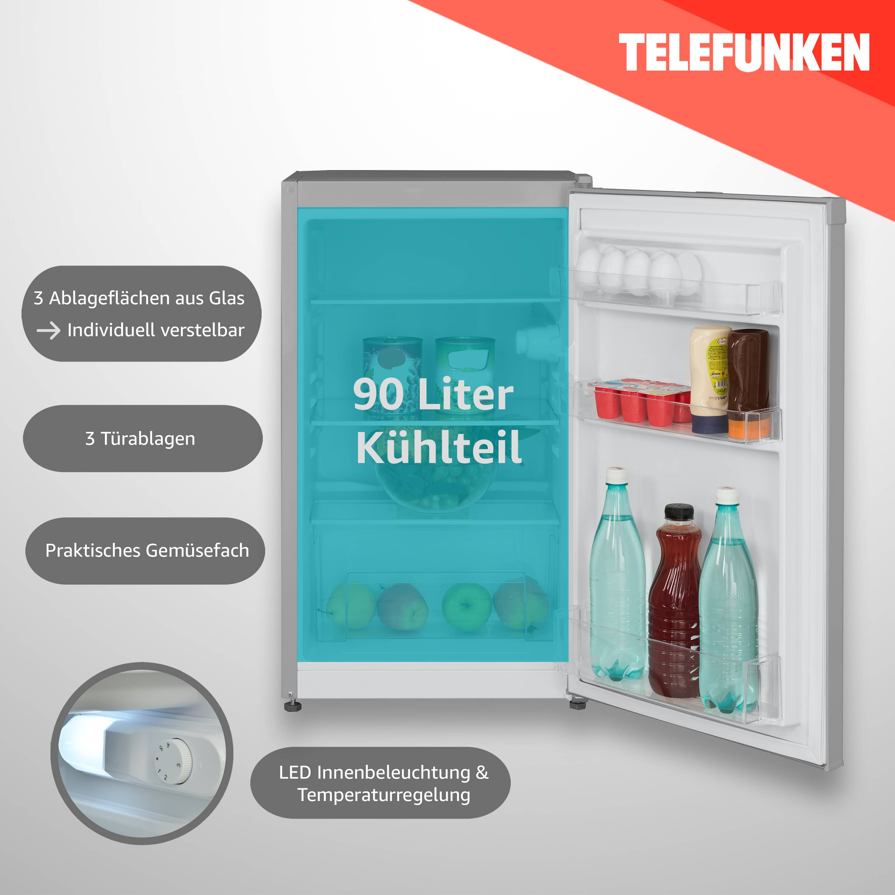 Geöffneter Kühlschrank, der einen '90 Liter Kühlteil' zeigt, mit Regalen, auf denen Flaschen und Kartons stehen. Der Text hebt Merkmale hervor: Glasablagen, Gemüsefach.